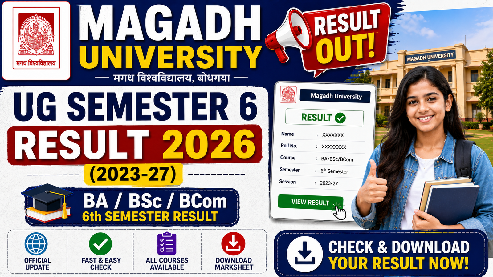 Magadh University UG Semester 6 Result 2026 (2023-27) – BA/BSc BCom 6th Semester Result